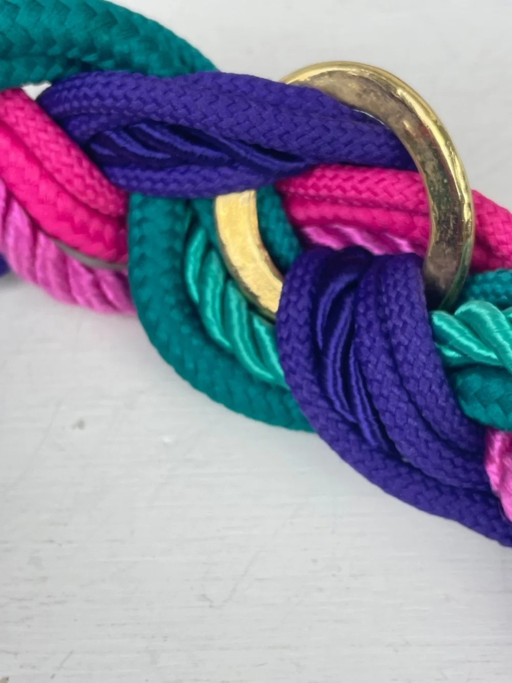 Vintage 1980s Colorful Braided Rope Belt Gold Rings Purple Pink Green